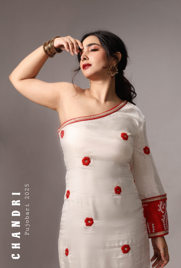 Offwhite n Red Handcrafted Floral Embroidered Muslin one shoulder dress